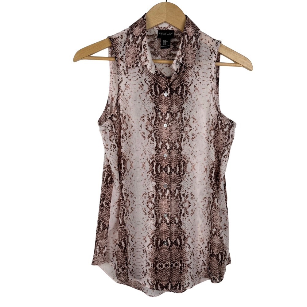 Rachel Zoe Womens XS Snakeskin Print Sleeveless Button Down Chiffon Blouse Brown